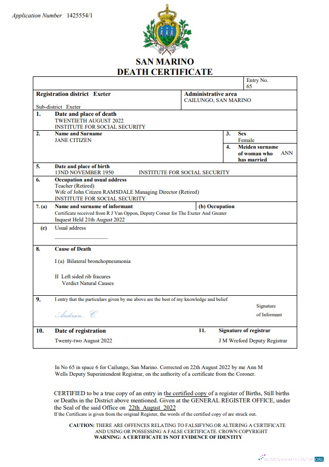 Download San Marino death certificate Word and PDF template Photoshop template